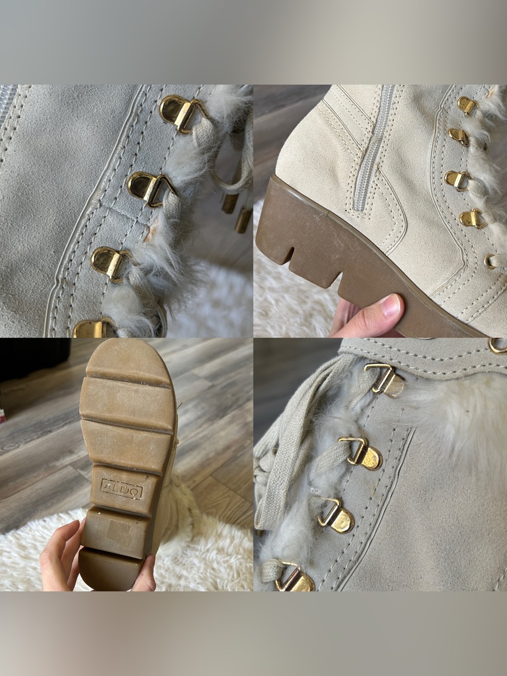 Y2K Coquette “Aldo” Cream and Gold Suede Faux Fur Trim Lace-up Wedge Boots - Picture 3 of 6